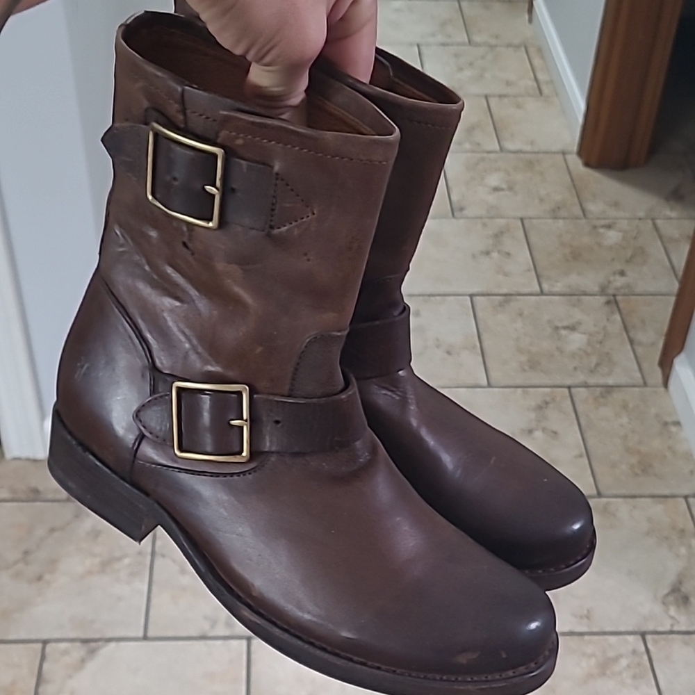 Frye Brown Mid-Calf Leather Boots with Buckles and Durable Sole